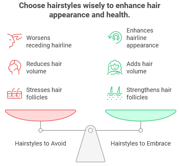Infographic shows shows a balance scale comparing "Hairstyles to Avoid" on the left (in red) and "Hairstyles to Embrace" on the right (in green).
