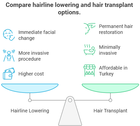 Compare hairline lowering and hair transplant options.