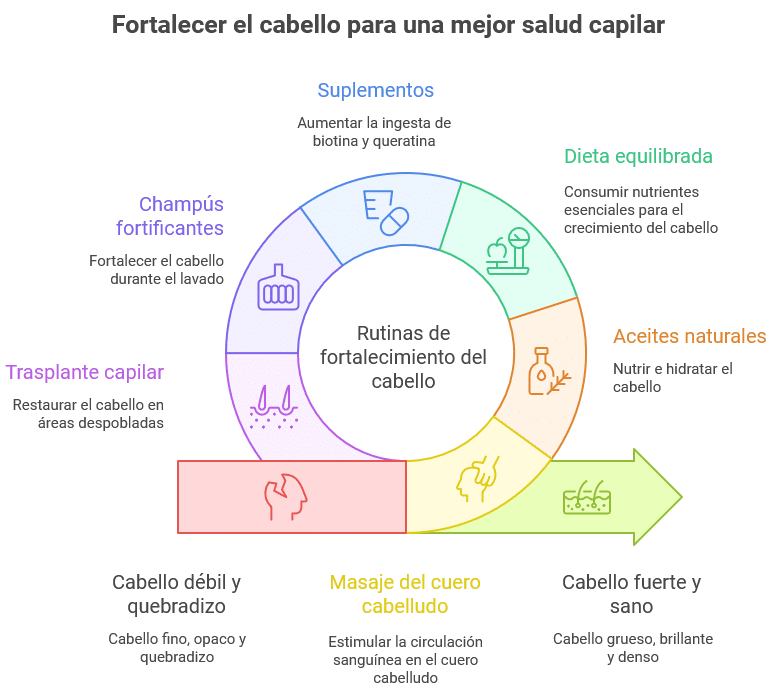 Infografía circular sobre cómo fortalecer el cabello para una mejor salud capilar. 