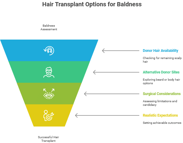 An inverted funnel diagram illustrates the four key steps in evaluating hair transplant options for baldness
