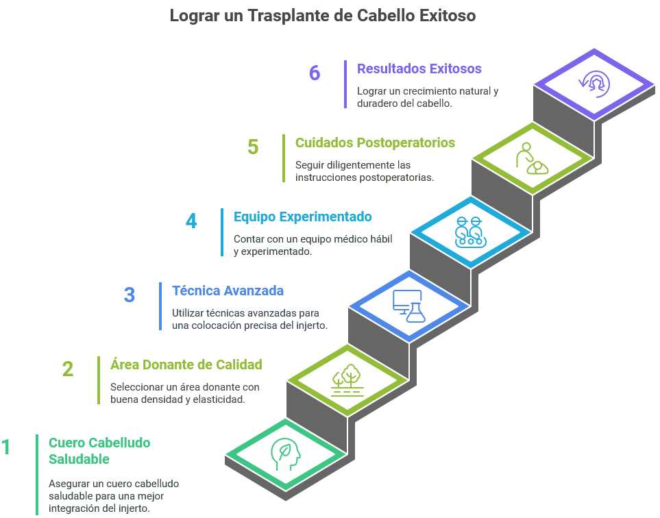 Gráfico que muestra cómo lograr un trasplante de cabello exitoso en 6 etapas