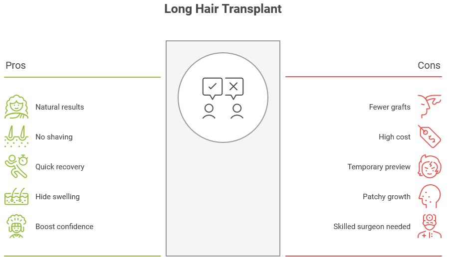 A table listing the pros and cons of a long hair transplant procedure.