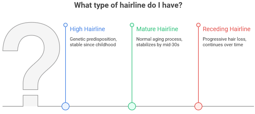 Infographic comparing high hairline, mature hairline, and receding hairline types, showing key differences in genetics, aging, and hair loss progression