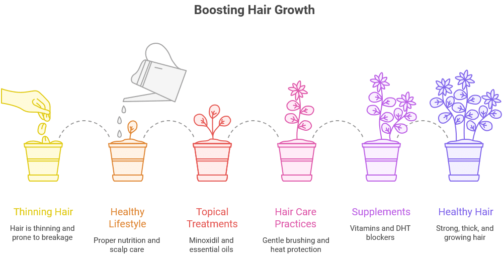 A visual representation of the stages to boost hair growth, illustrated with growing plants in pots. 