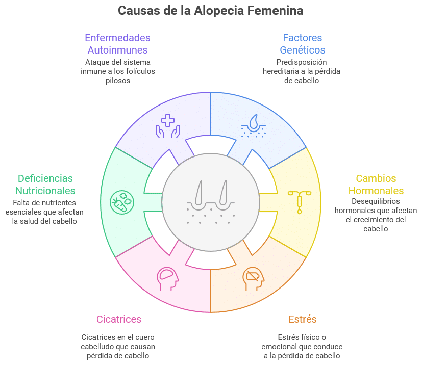 Infografía sobre las causas de la alopecia femenina: enfermedades autoinmunes, factores genéticos, cambios hormonales, estrés, cicatrices y deficiencias nutricionales