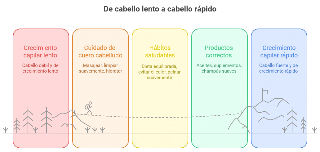 Infografía sobre como hacer crecer el cabello rapido: desde el crecimiento capilar lento hasta el rápido, con pasos como cuidado del cuero cabelludo, hábitos saludables y uso de productos correctos