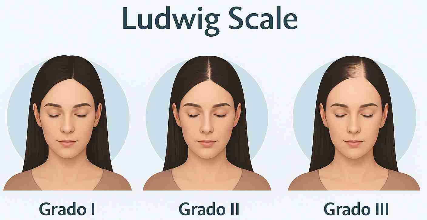 Ilustración educativa de la Escala de Ludwig que muestra tres etapas de la pérdida de cabello femenina: Grado I con pérdida leve en la parte superior del cuero cabelludo, Grado II con una pérdida de densidad visible en la línea media, y Grado III con pérdida avanzada y cuero cabelludo claramente visible. Cada etapa está representada por una mujer con ojos cerrados y cabello largo, y acompañada de una descripción en español.