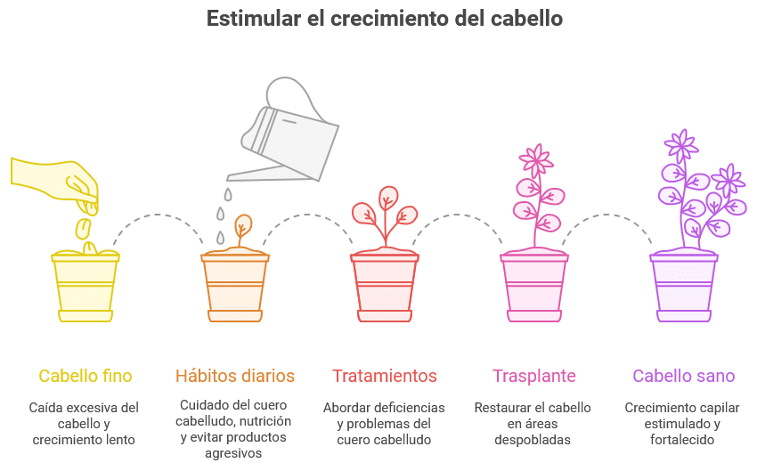 Infografía titulada "Estimular el crecimiento del cabello", representada con macetas en diferentes etapas de crecimiento vegetal. 