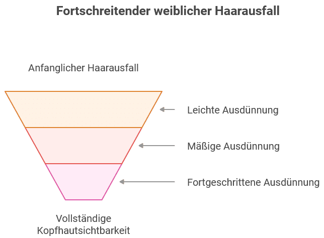 Diagramm in Form eines umgekehrten Dreiecks, das den Fortschritt weiblichen Haarausfalls darstellt. Von oben nach unten sind vier Stufen erkennbar, die zunehmend dunkler eingefärbt sind.