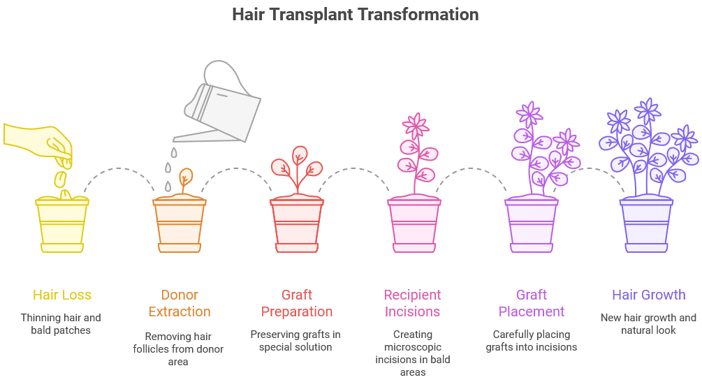 An infographic titled "Hair Transplant Transformation" uses a plant growth metaphor to illustrate six stages of the hair transplant process.