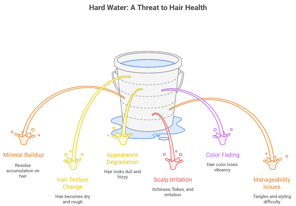 An infographic titled "Hard Water: A Threat to Hair Health" shows a central white bucket of hard water with six colorful splashes shooting outwards, each representing a negative effect on hair health.