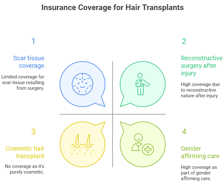 Infographic titled 'Insurance Coverage for Hair Transplants' showing four scenarios with different coverage levels.