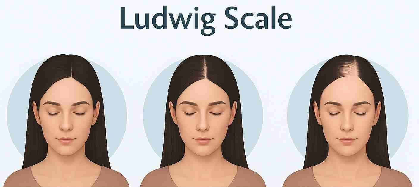 Illustration of the Ludwig Scale showing stages of female pattern hair loss: left shows full hair density, middle shows moderate thinning along the center part, right shows advanced thinning with a wider visible scalp.