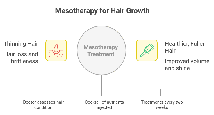 Infographic titled 'Mesotherapy for Hair Growth' showing the treatment process. On the left: symptoms like thinning hair, hair loss, and brittleness. In the center: mesotherapy treatment involves injecting a cocktail of nutrients. On the right: results include healthier, fuller hair with improved volume and shine. Bottom timeline includes doctor assessment, nutrient injection, and treatments every two weeks.