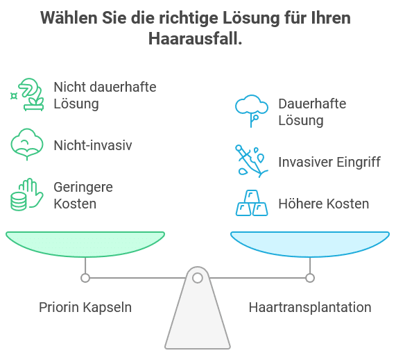 Infografik zum Vergleich von Lösungen bei Haarausfall: Links werden Priorin Kapseln dargestellt mit den Vorteilen ‚Nicht dauerhafte Lösung‘, ‚Nicht-invasiv‘ und ‚Geringere Kosten‘. Rechts wird die Haartransplantation gezeigt mit ‚Dauerhafte Lösung‘, ‚Invasiver Eingriff‘ und ‚Höhere Kosten‘. Die beiden Optionen sind auf einer Waage abgebildet.
