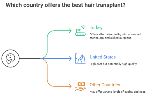 Infographic titled "Which country offers the best hair transplant?" showing three options.