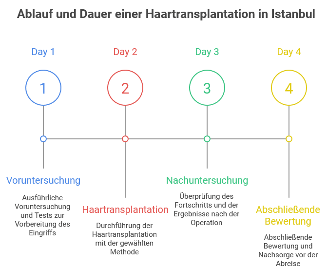 Grafik zum Ablauf und zur Dauer einer Haartransplantation in Istanbul: Tag 1 Voruntersuchung mit Tests zur Vorbereitung, Tag 2 Durchführung der Haartransplantation, Tag 3 Nachuntersuchung mit Überprüfung der Ergebnisse, Tag 4 abschließende Bewertung und Nachsorge vor der Abreise.