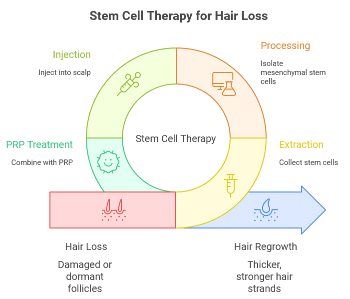 Infographic explaining Stem Cell Therapy for Hair Loss: stem cells are extracted, processed, and injected into the scalp, often combined with PRP, to stimulate hair regrowth and restore thicker, stronger strands from dormant follicles.