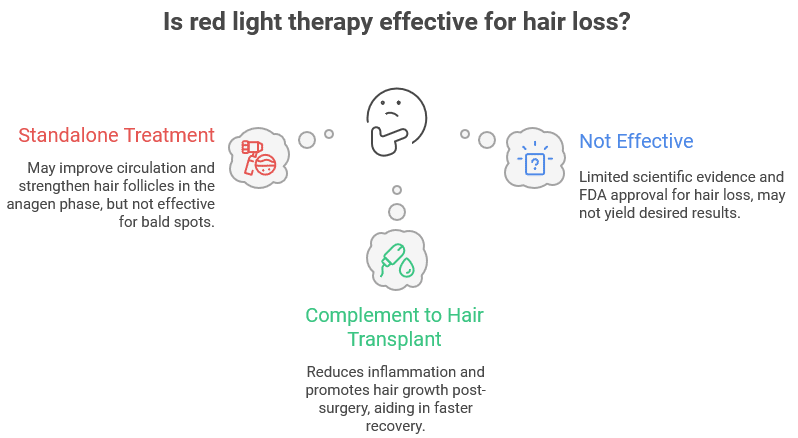 Infographic titled "Is red light therapy effective for hair loss?" with three sections branching from a central thinking face icon.
