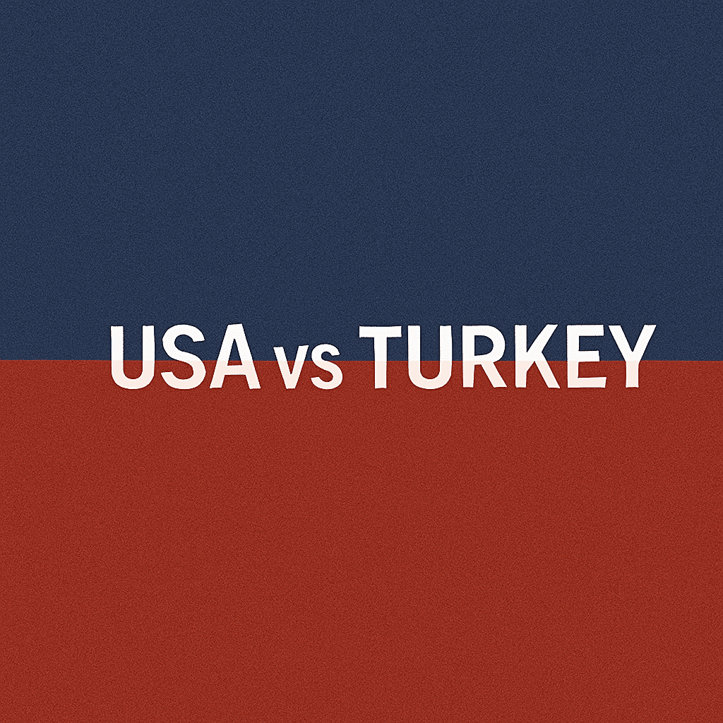 Graphic design with bold white text reading "USA vs TURKEY" on a split blue and red background, symbolizing the comparison of hair transplant USA vs Turkey.