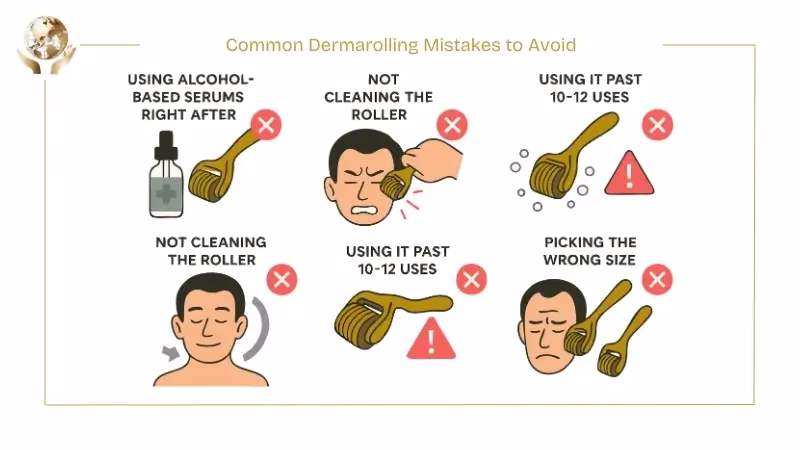 Illustrated infographic highlighting common dermarolling mistakes to avoid, including using alcohol-based serums immediately after rolling, not cleaning the derma roller, overusing the roller beyond 10–12 sessions, and picking the wrong needle size, with warning icons indicating improper practices.