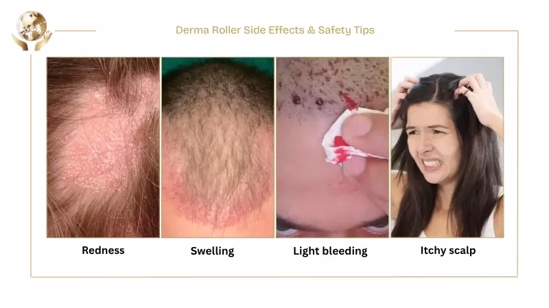 Infographic illustrating common derma roller side effects and safety considerations for hair loss treatment, showing close-up examples of scalp redness, swelling, light bleeding, and an itchy scalp, highlighting potential short-term reactions after microneedling.