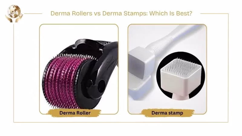 Side-by-side comparison image of derma rollers versus derma stamps for hair regrowth, showing a cylindrical derma roller with multiple microneedles on one side and a square-headed derma stamp with evenly spaced needles on the other, used to compare microneedling tools for scalp treatment.