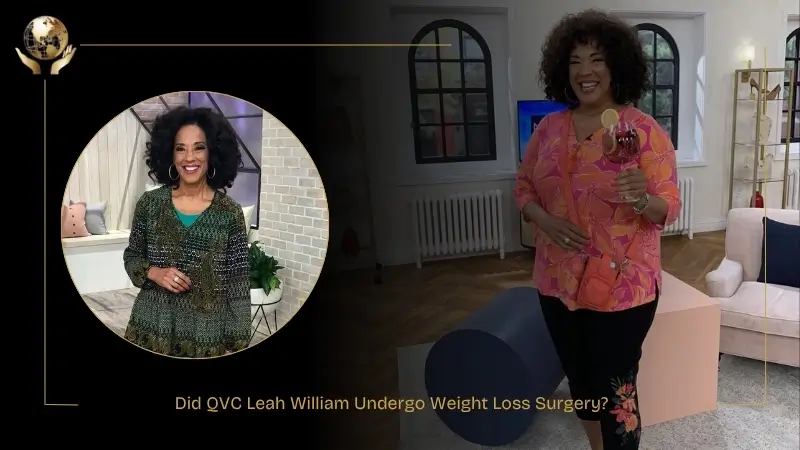 Side-by-side images of QVC host Leah Williams smiling on set, wearing a green top in one photo and a pink blouse while holding a microphone in another, related to discussion of her weight loss.