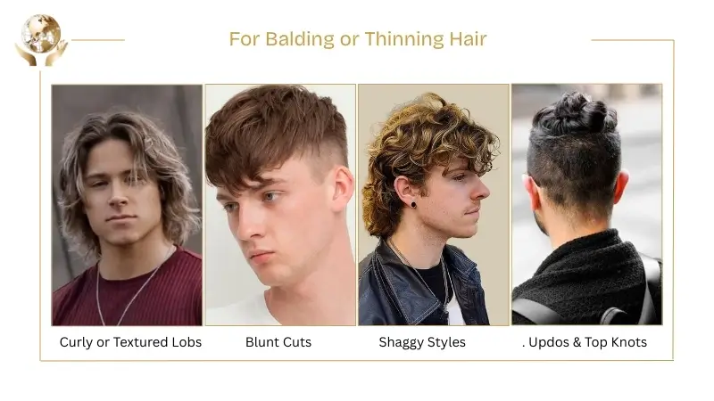 Image showing hairstyle options for balding or thinning hair, including curly or textured lobs, blunt cuts, shaggy styles, and updos or top knots.