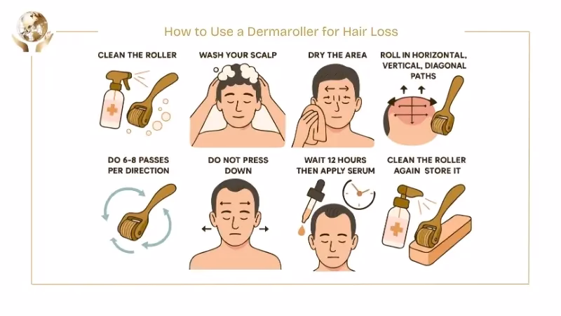 Illustrated step-by-step guide on how to use a dermaroller for hair loss, showing steps such as cleaning the roller, washing and drying the scalp, rolling gently in horizontal, vertical, and diagonal directions for 6–8 passes, avoiding pressure, waiting 12 hours before applying serum, and cleaning and storing the roller after use.