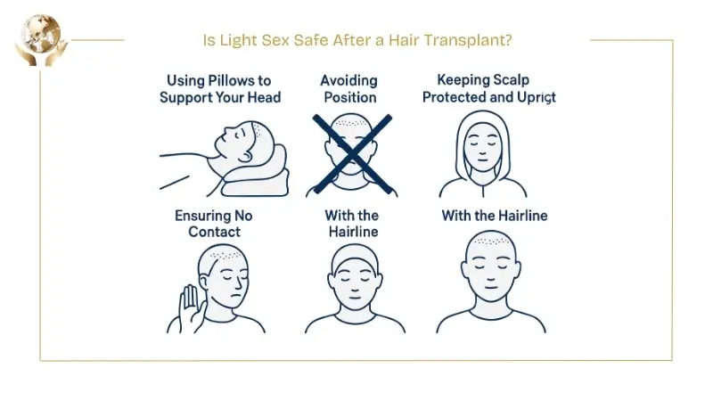 Infographic on light sex after a hair transplant, showing guidelines such as supporting the head with pillows, avoiding positions that stress the hairline, keeping the scalp upright and protected, and preventing direct contact with the scalp.