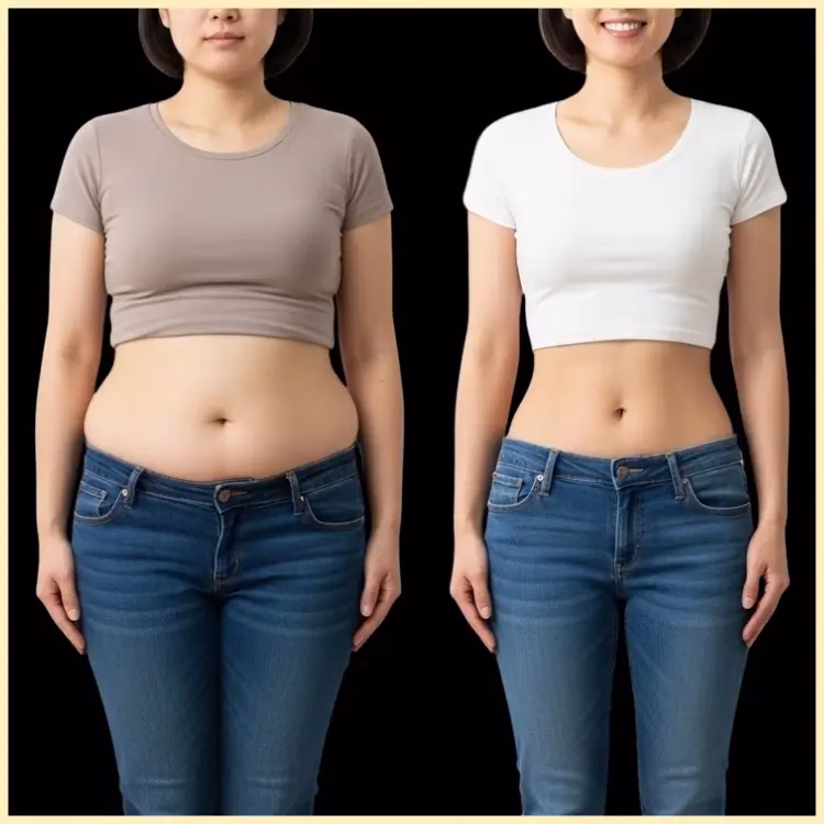 Vorher-nachher-Darstellung einer Frau, die nach einem deutlichen Gewichtsverlust – etwa durch einen Magenbypass – einen schlankeren Bauch und eine definiertere Körperform zeigt.