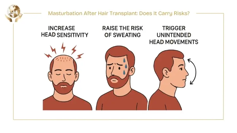 Infographic about masturbation after a hair transplant, illustrating risks such as increased head sensitivity, higher sweating, and unintended head movements that may affect healing.