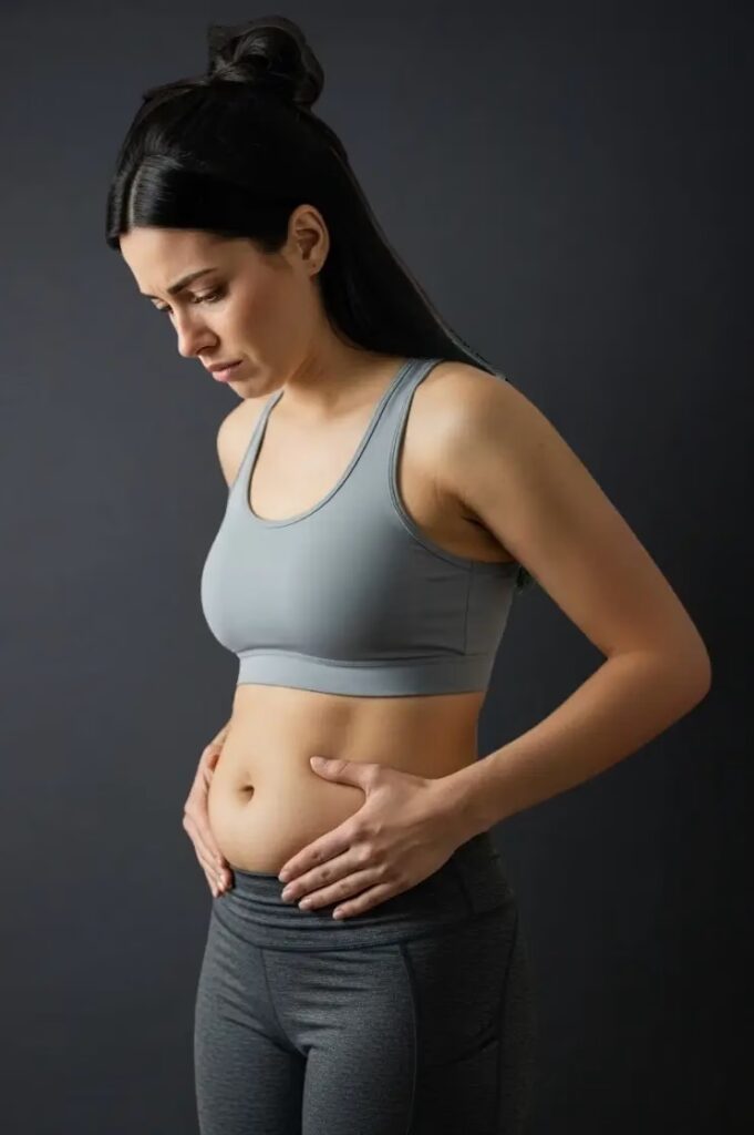 Eine Frau hält ihren Bauch und blickt besorgt nach unten – eine bildliche Darstellung typischer Beschwerden oder Überlegungen vor einer Schlauchmagen OP Türkei, wie sie häufig auch in der Türkei durchgeführt wird.