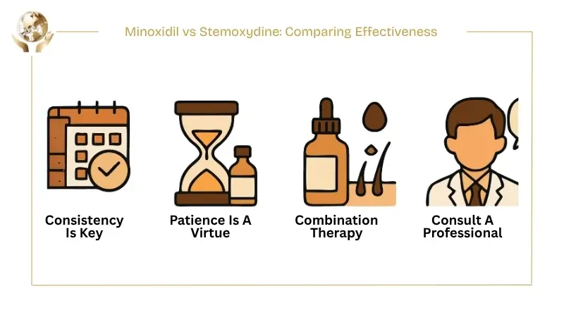 Illustrated icons under the heading ‘Minoxidil vs Stemoxydine: Comparing Effectiveness,’ emphasizing key advice for hair loss treatment: consistency is key, patience is required, combination therapy may help, and consulting a professional is recommended.