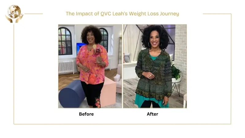 Before-and-after images of QVC host Leah Williams on set, showing a visible weight loss transformation, with her smiling in both photos.