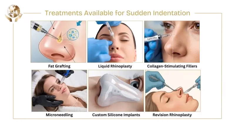 Infographic titled “Treatments Available for Sudden Indentation” displaying six panels that illustrate nose indentation treatment options. The panels show fat grafting, liquid rhinoplasty injections, collagen-stimulating fillers, microneedling, custom silicone implants, and revision rhinoplasty, with close-up clinical and illustrative images of each procedure.