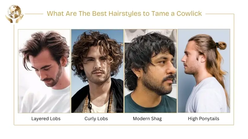 Image showing hairstyles that help tame a cowlick, including layered lobs, curly lobs, modern shag cuts, and high ponytails.
