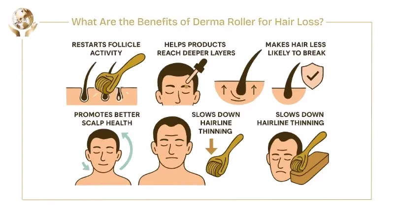 Illustrated infographic showing the benefits of using a derma roller for hair loss, including restarting hair follicle activity, helping hair products penetrate deeper layers, making hair less likely to break, promoting better scalp health, and slowing down hairline thinning, with visual comparisons of thinning and healthier hair.