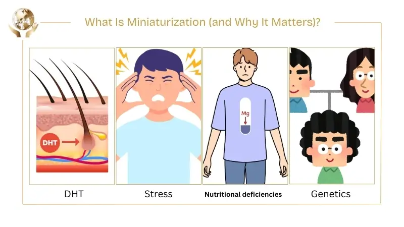 Infographic explaining hair miniaturization, showing causes including DHT, stress, nutritional deficiencies, and genetics.