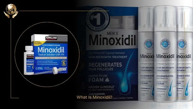 Image explaining what Minoxidil is, featuring Kirkland Men’s Minoxidil 5% topical solution and foam packaging, with bottles and spray cans shown as hair regrowth treatments for men.