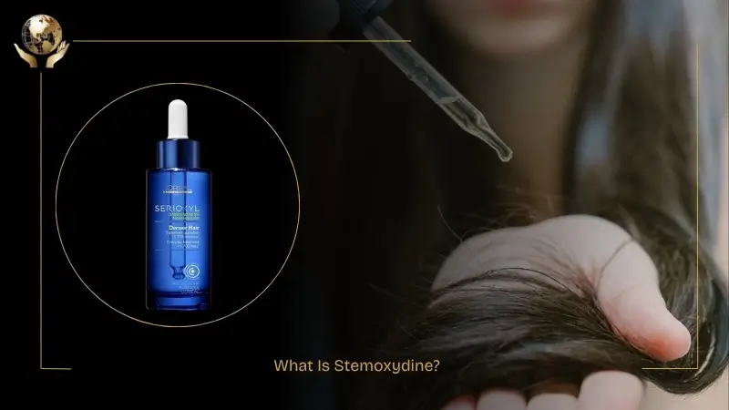 Image explaining what Stemoxydine is, showing a blue Stemoxydine serum bottle on the left and a dropper applying serum onto hair strands in a person’s hand on the right, representing a topical hair growth treatment.