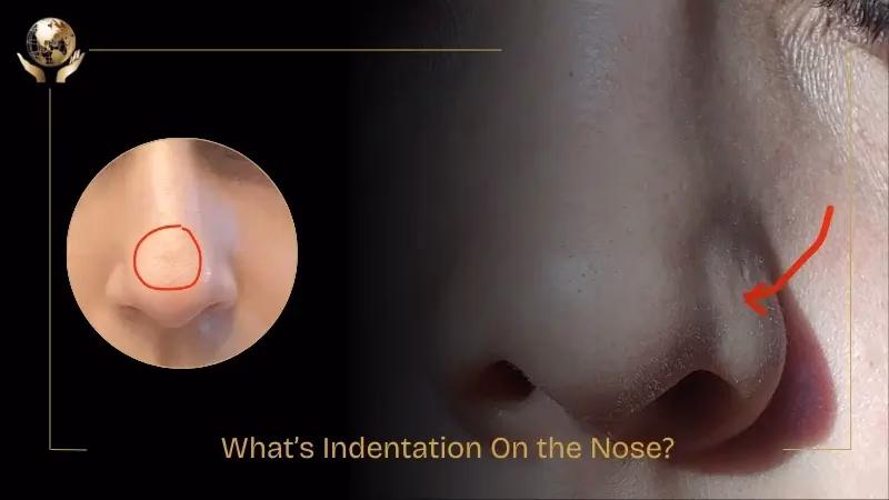 Close-up image of a person’s nose showing a noticeable indentation on the nasal bridge. A red arrow points to the dent on the side of the nose, and a circular inset highlights the indentation more closely. Text at the bottom reads, “What’s Indentation On the Nose?” on a dark background.