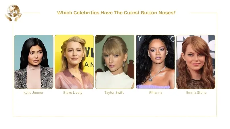 Collage of celebrities with button nose shapes, featuring Kylie Jenner, Blake Lively, Taylor Swift, Rihanna, and Emma Stone.