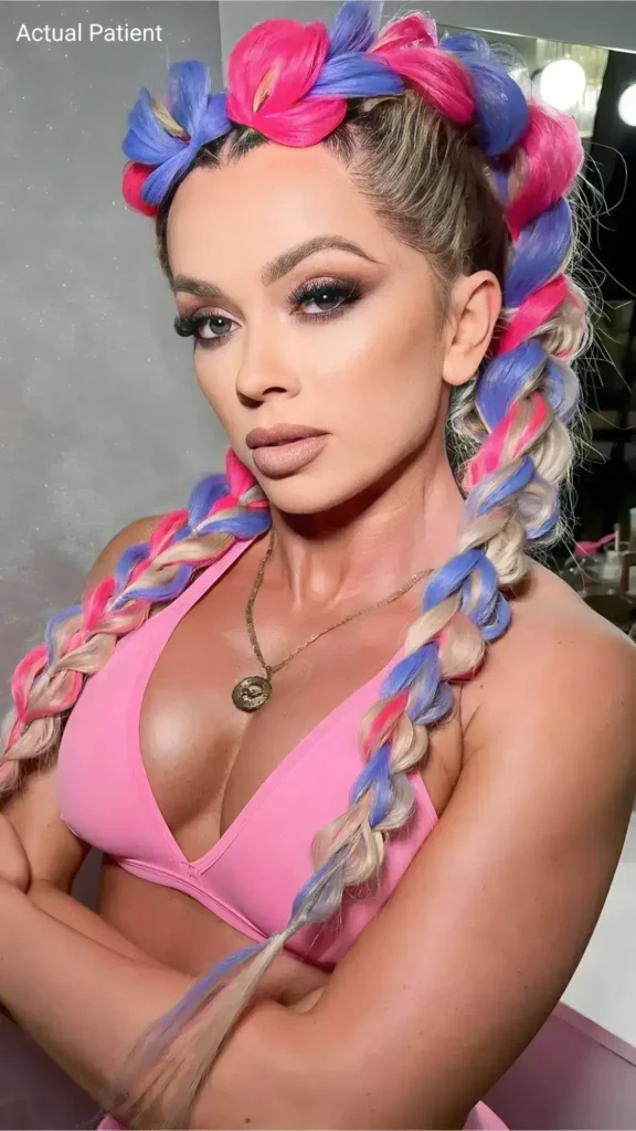 Porträt einer Patientin mit natürlichem, gleichmäßigem Haaransatz und kunstvoll geflochtenen, farbigen Zöpfen, sichtbares ästhetisches Ergebnis nach einer Haartransplantation, selbstbewusstes Auftreten.