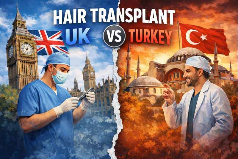 Split image comparing hair transplant UK vs Turkey, showing surgeons and iconic landmarks from London and Istanbul.