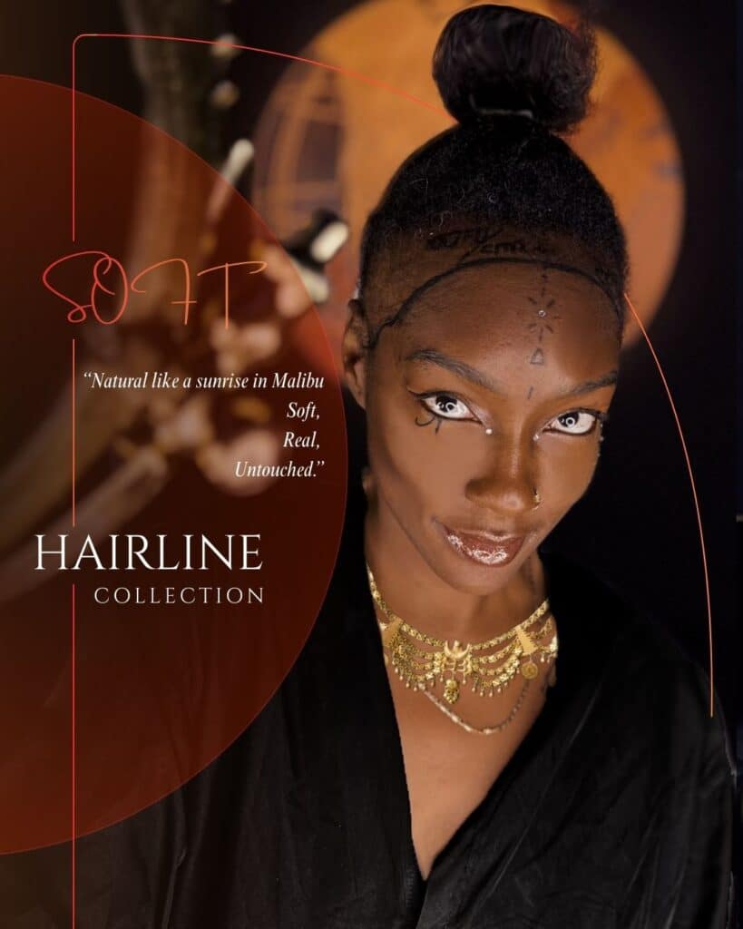 Close-up promotional image of a woman with a natural-looking hairline after a no-shave hair transplant, featuring a softly defined frontal hairline, styled bun, and elegant makeup, highlighting seamless, unshaved hair restoration results.