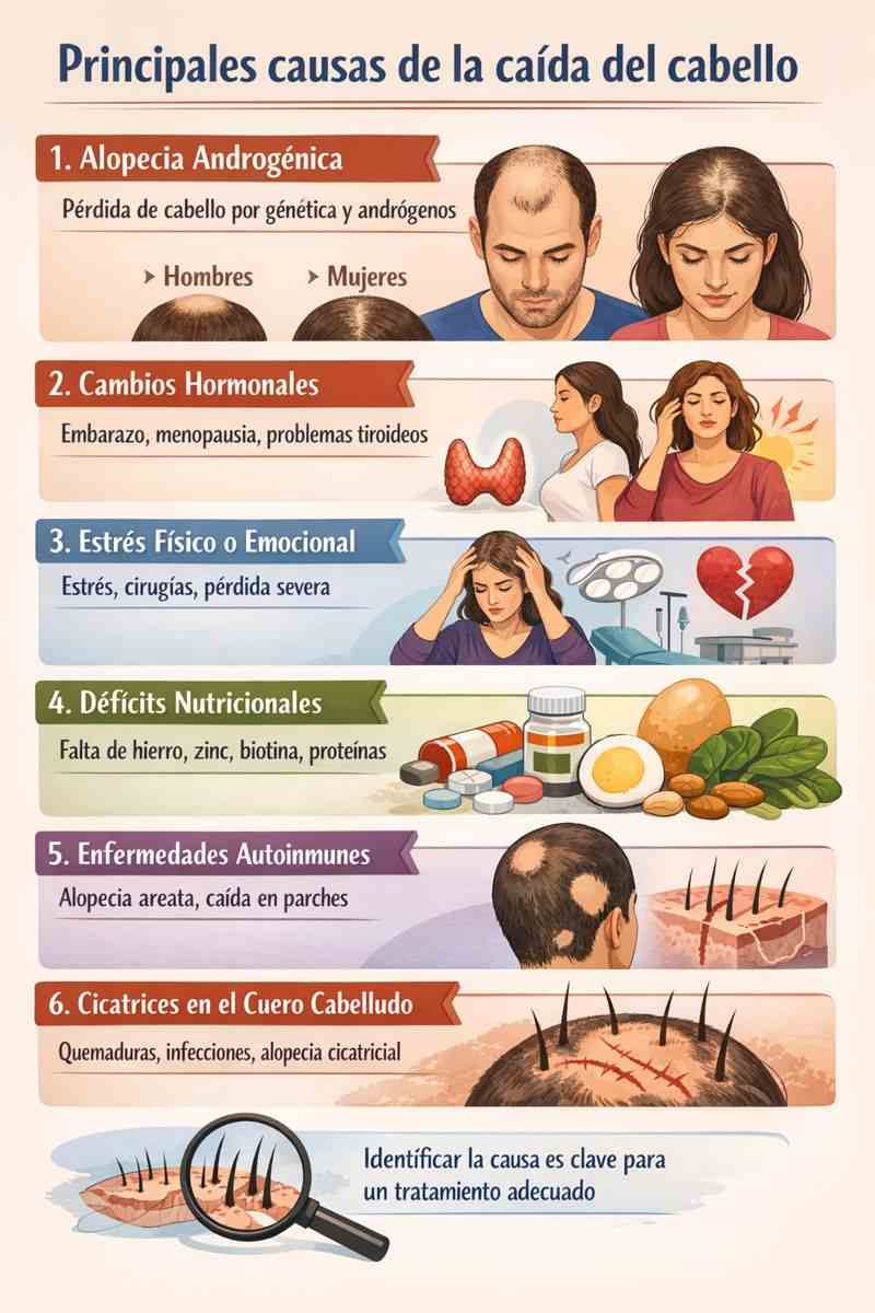 Infografía en español que muestra las principales causas de la caída del cabello, como alopecia androgénica, cambios hormonales, estrés, déficits nutricionales, enfermedades autoinmunes y cicatrices en el cuero cabelludo, con ilustraciones explicativas.