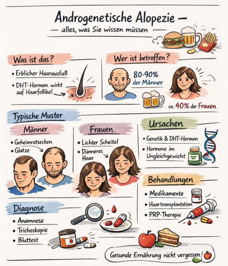 Infografik zum Thema androgenetische Alopezie mit Abschnitten zu Ursachen, Häufigkeit, typischen Mustern bei Männern und Frauen, Diagnose, Behandlungsmöglichkeiten und Ernährung, illustriert mit einfachen Symbolen und Porträts.