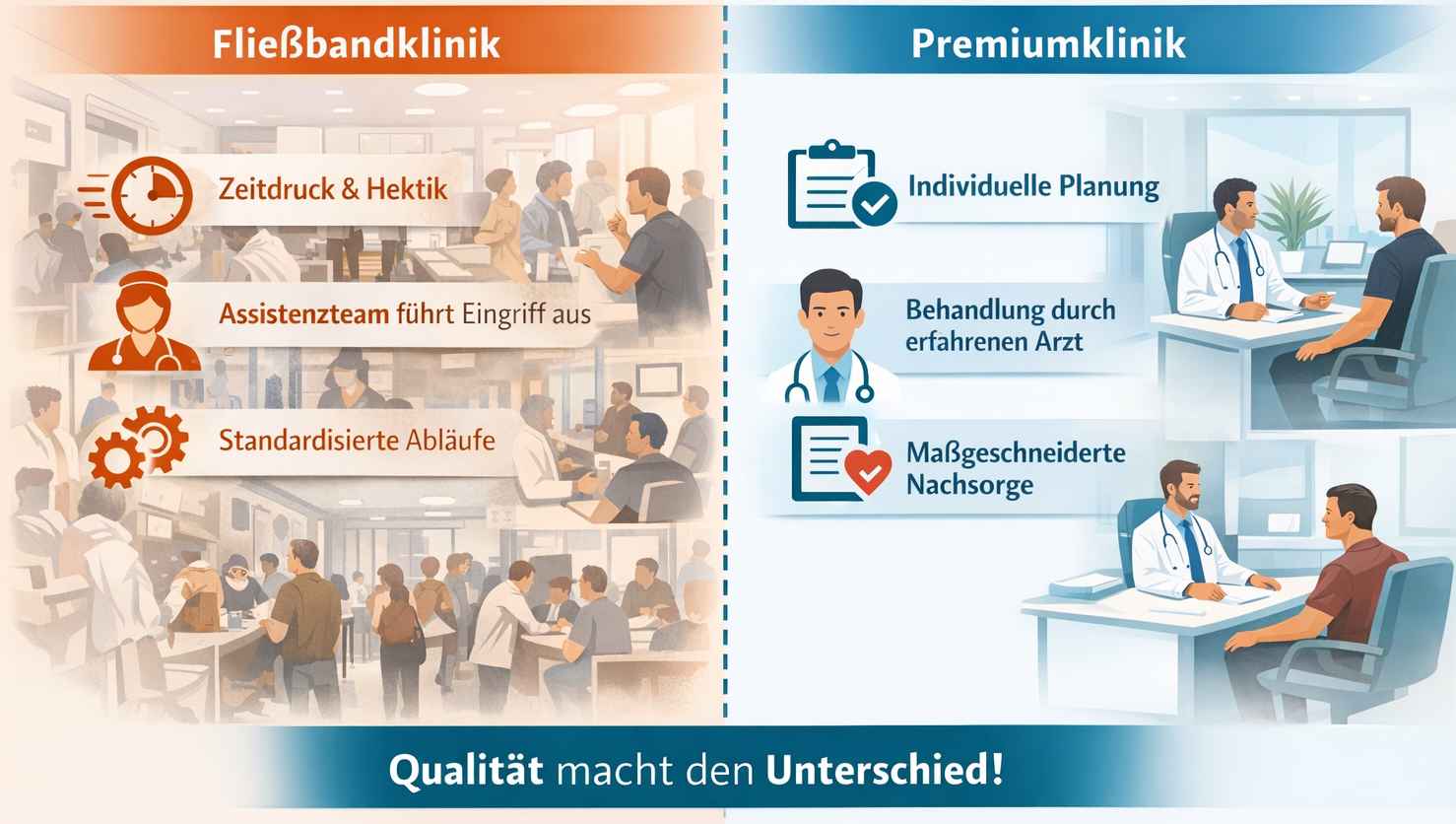 Vergleichs-Infografik: Fließbandklinik mit Zeitdruck und Standardabläufen vs. Premiumklinik mit individueller Planung und Arztbehandlung – „Qualität macht den Unterschied“.